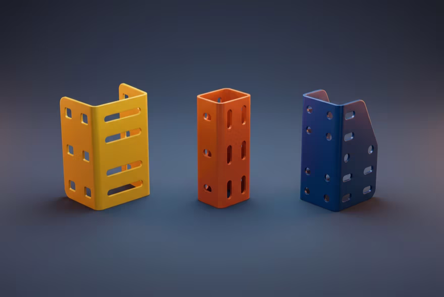Three rack repair shrouds in a row, each shaped for a different column profile with different bolt patterns, so they plainly do not interchange.