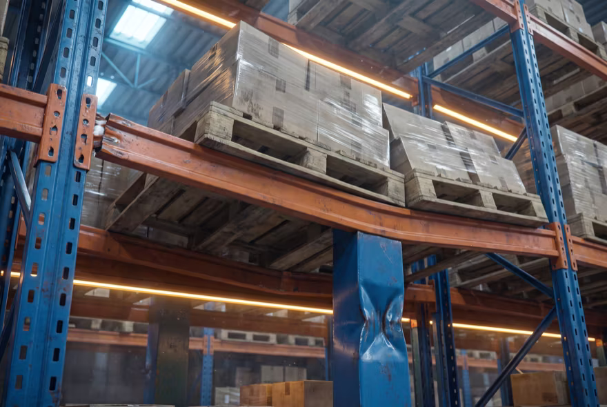 An upper load beam sagging under its pallets with its connector pulled out of square, and below it an upright column creased inward by an impact.