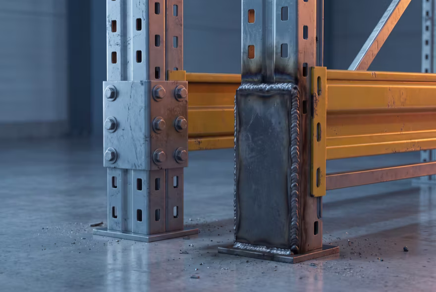 Two adjacent uprights repaired two ways: one carrying a bolt-on plate with hex bolts, the other a welded plate with a visible bead and heat-scorched paint.