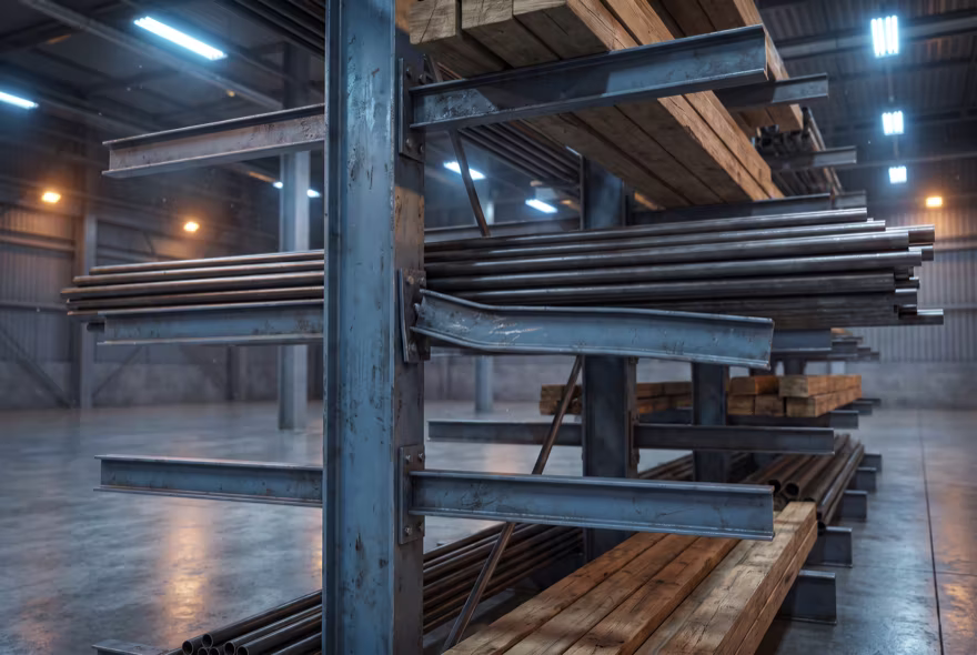A cantilever rack carrying bundles of long steel and timber, with one arm mid-run deflected downward out of line with the arms above and below it.
