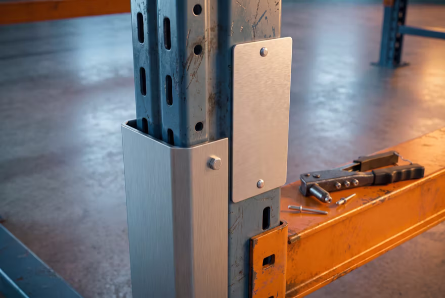 A blank unmarked metal capacity plate newly riveted to a repaired upright, with spare rivets and a rivet gun resting on the beam below it.