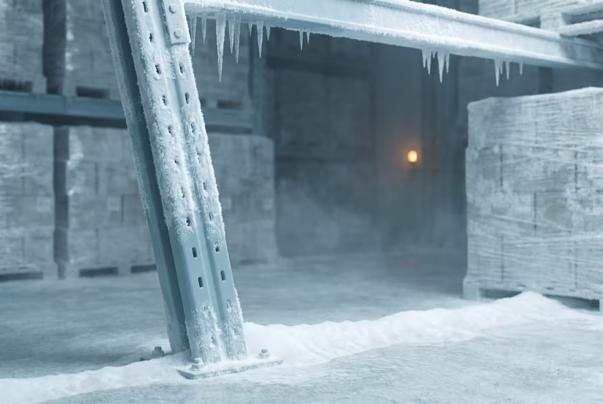 A rack upright in a freezer room, furred white with frost, icicles hanging from the beam above and a ridge of ice built up around its base plate.