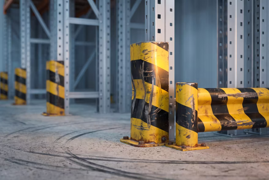 Battered hazard-striped column protectors and a low guard rail along a rack run, scraped and dented, with the uprights behind them undamaged.