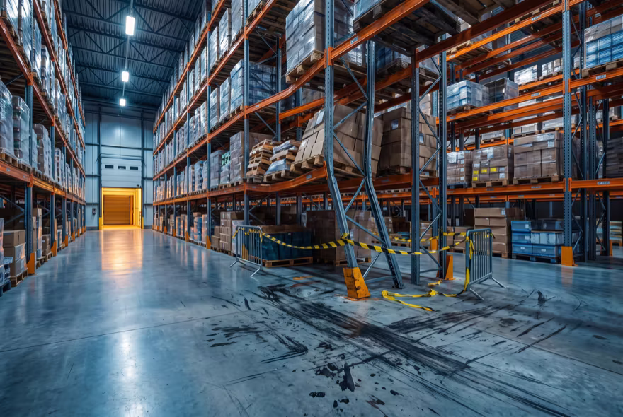 A warehouse aisle in use, with one bay taped off mid-run: its upright bowed, its beams sagging and its pallets tilted.