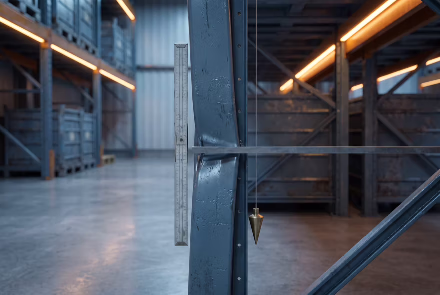 A bowed rack column being assessed, with a folding steel rule and a plumb line held against it so the deviation from straight shows as a gap.