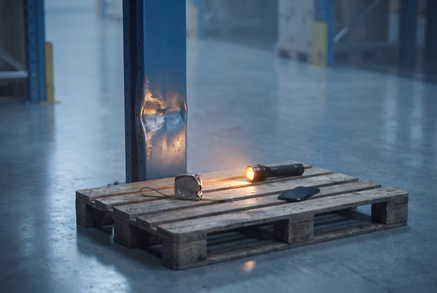 A pallet on the floor at the foot of a creased rack upright, carrying a tape measure, a lit torch laid on its side and a phone, ready to record the damage.