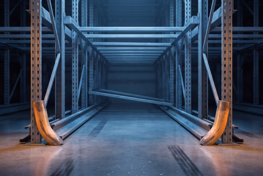 Looking down the inside of a drive-in lane, a deep narrow tunnel of steel whose entry guide rails are scraped bare and bent inward.
