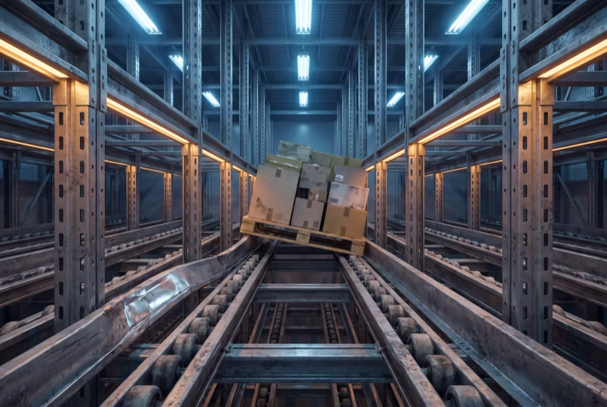 Looking into a pallet flow bay along its inclined roller rails, where one rail is bent out of line and a pallet has stopped crooked part-way down it.