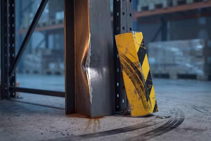 The base of a rack upright folded inward in a deep crease, the coating scraped to bare metal, beside a cracked column protector knocked out of position.