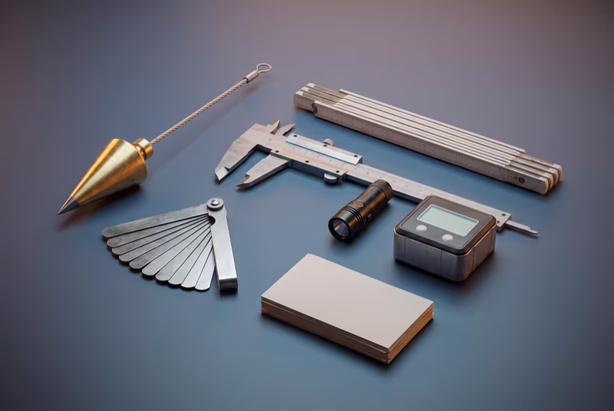 An inspector's kit laid out as a set: plumb bob, fanned feeler gauges, calipers, a folding rule, a torch, a digital gauge and a stack of blank cards.