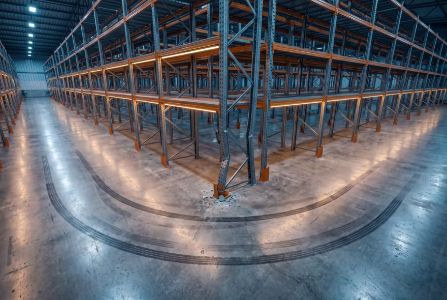 A wide aisle where black tyre arcs converge on one aisle-end column that has been struck repeatedly, the concrete chipped in the same spot.
