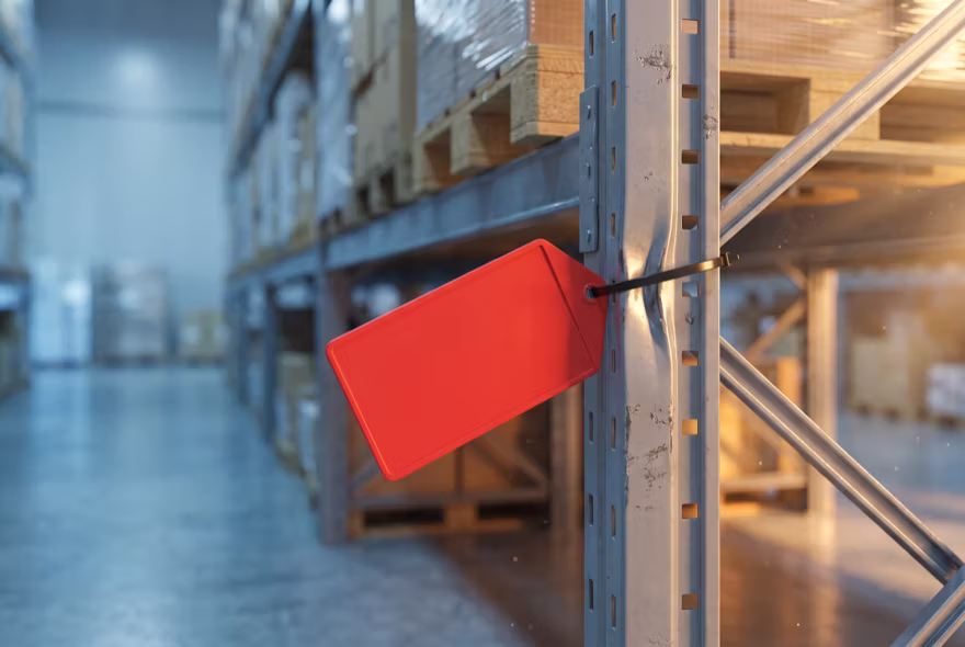 A blank red hazard tag cable-tied to a rack upright right beside a clear crease in the column, with the loaded bay carrying on above it.