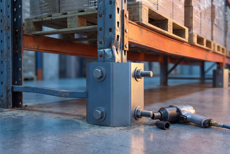 A bolt-on reinforcement shroud being bolted around the base of an upright while the beams directly above it still carry loaded pallets.