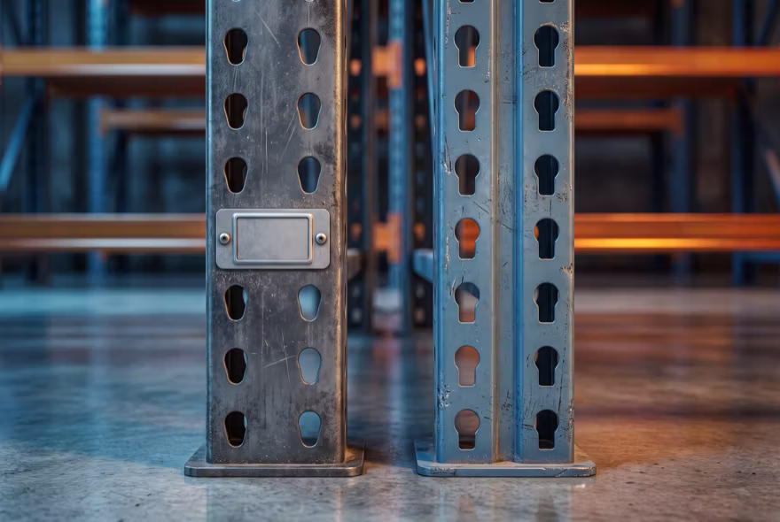Two rack uprights standing side by side with visibly different punched slot patterns, one carrying a small blank metal identification plate.