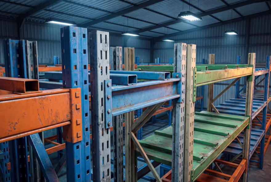 A rack run where the load beams change colour and profile bay to bay, orange then blue then green, with a different connector at each upright.