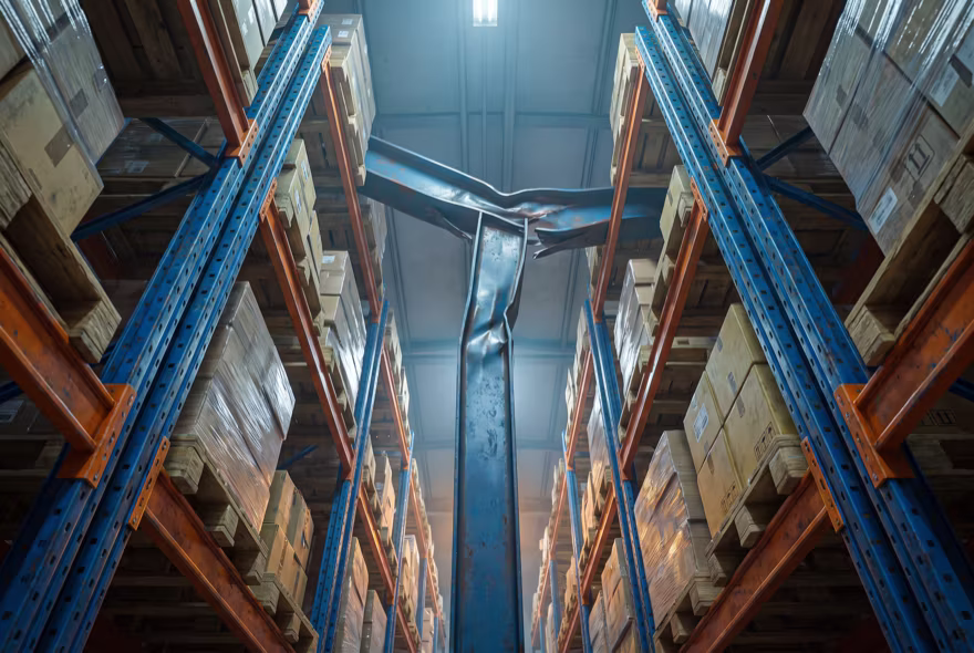 Looking up a very narrow aisle to a creased and dented upright several levels above the floor, near an upper beam and far out of reach.