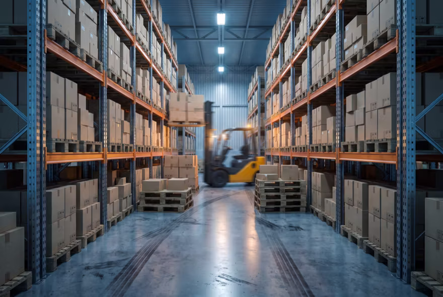 A warehouse aisle at peak season, narrowed by extra pallets on the floor, every level filled to the beam and a forklift working through the gap.