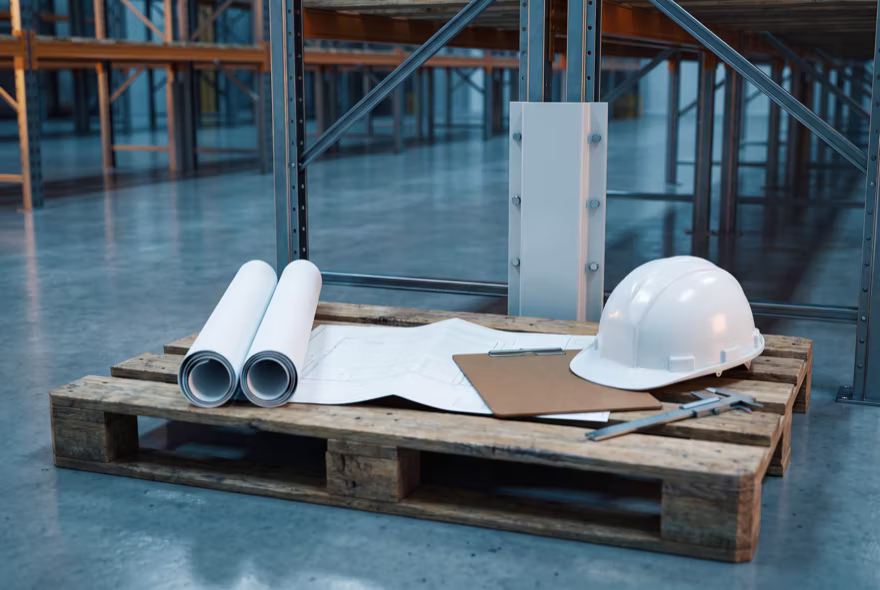 Rolled engineering drawings, a folded plan, a clipboard and a hard hat resting on a pallet in front of a repaired upright.