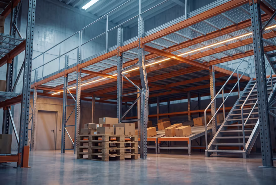 A two-level pick module of bolted racking with mesh walkways, a staircase and pallets below, one upright on the upper level creased where a truck has struck it.