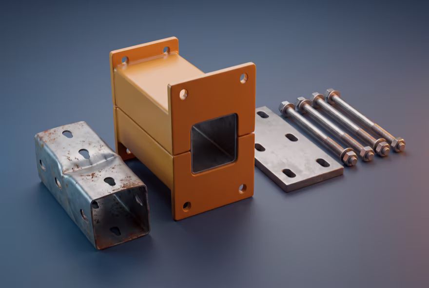A rack repair kit laid out as parts: a two-piece reinforcement sleeve, base plate, anchor bolts, and a dented offcut of the column it replaces.