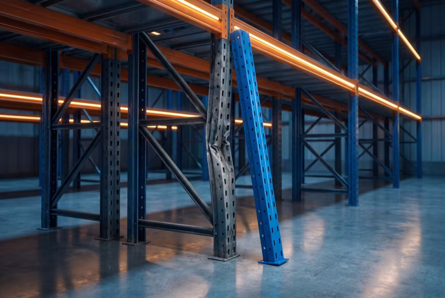 A creased rack upright standing beside a clean new replacement upright of the same profile, leaning ready against the frame.