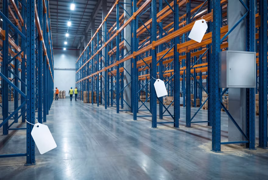 A well-kept aisle with blank tags tied to three separate uprights at different heights, and a reporting box mounted on a column at the aisle end.